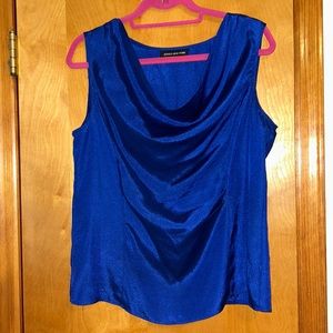 Bright blue satin cowl neck sleeveless blouse with ruching on waist - flattering